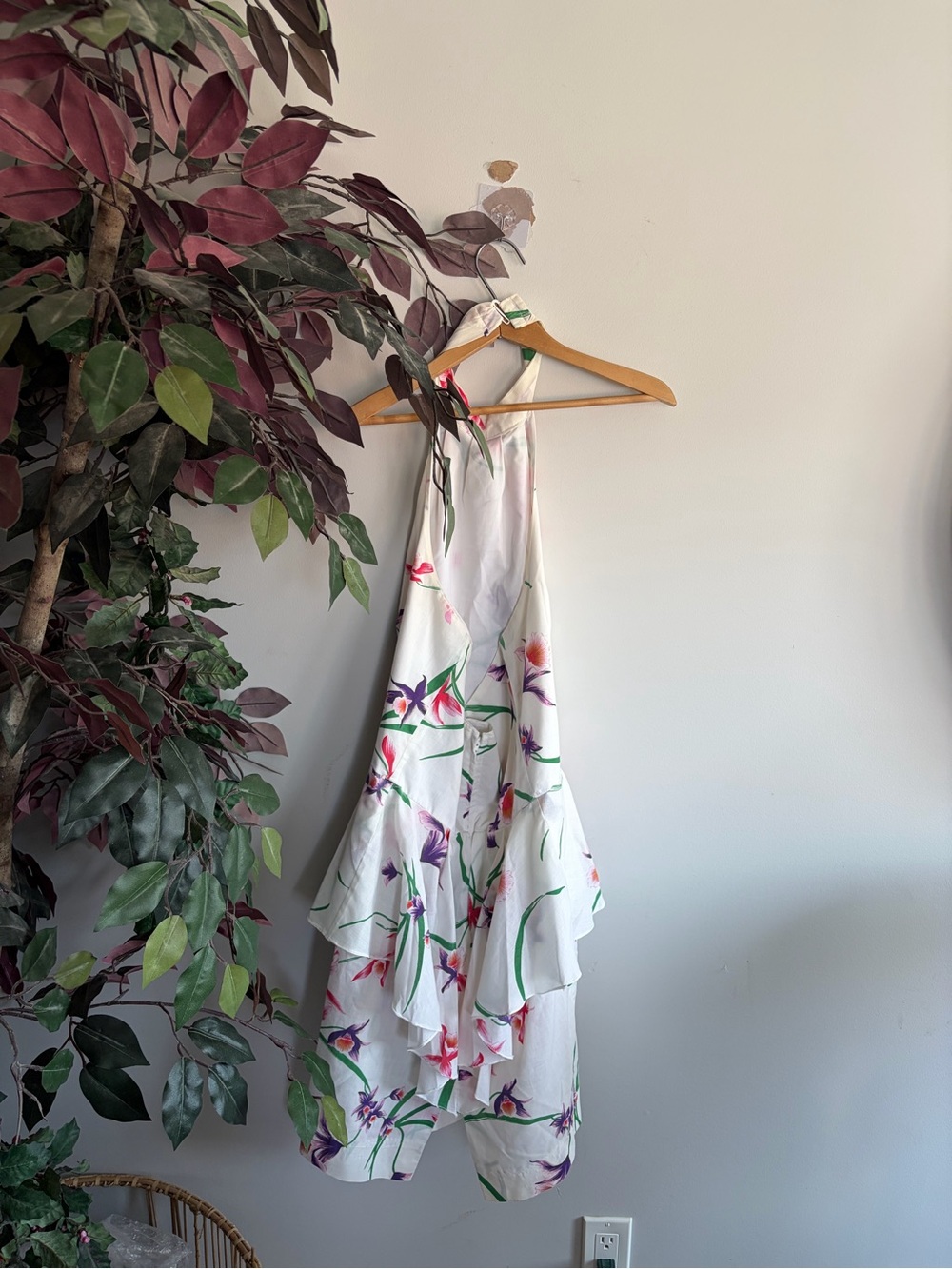 Vintage White Halter Midi Dress with Pink & Purple Floral Print - Picture 2 of 3